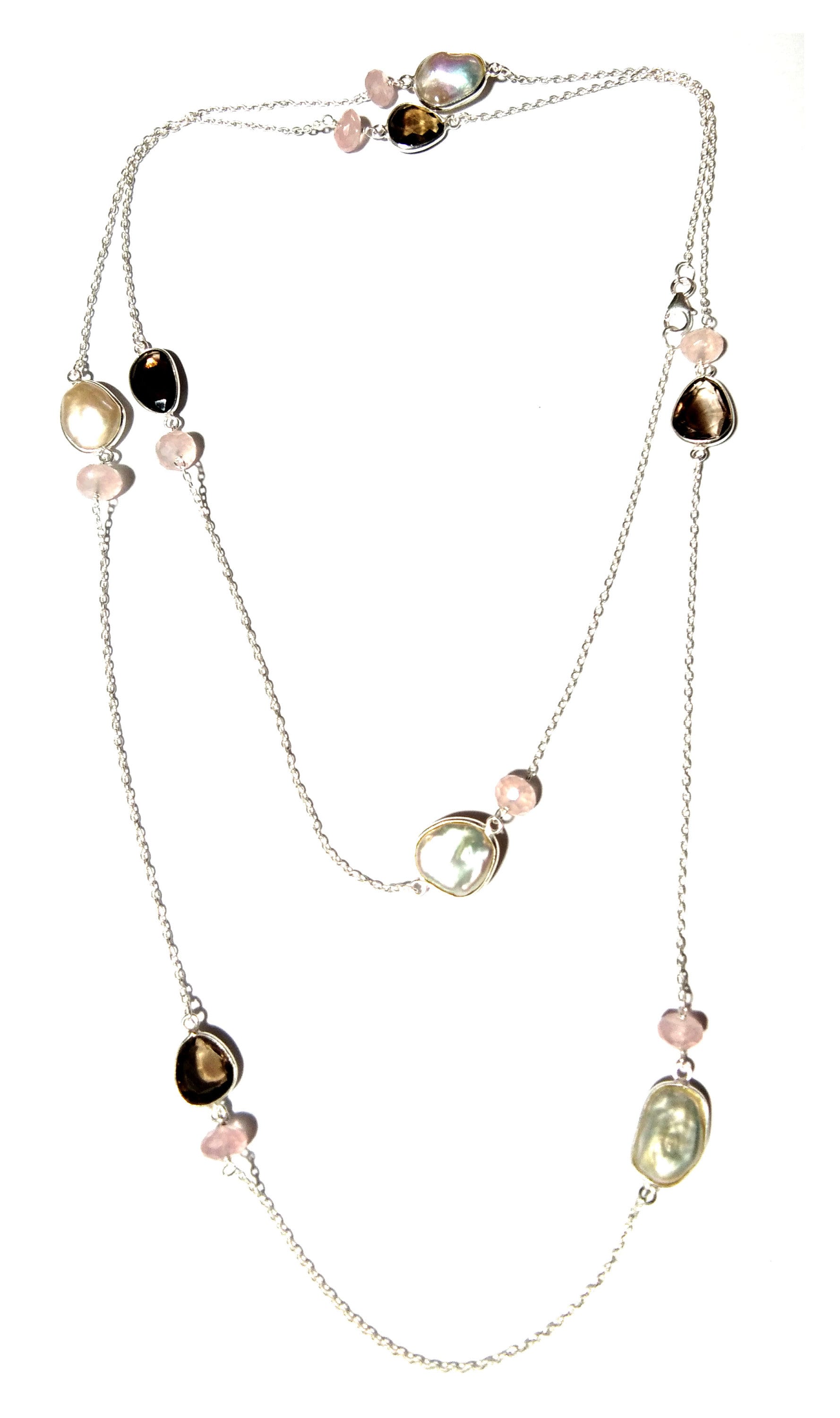 Very Beautiful Log Necklace ! Natural Gemstone Smoky Quartz, Rose Quartz & Pearl Log Beaded Necklace With 925 Starling Silver Length 40 inch